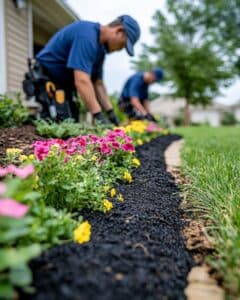 Deux paysagistes plantent des fleurs roses et jaunes vives dans un parterre paillé noir près d'une pelouse verte.
