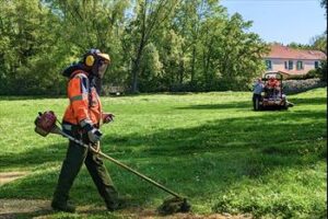 Paysagiste utilisant une débroussailleuse thermique avec protection intégrale dans un parc ensoleillé.