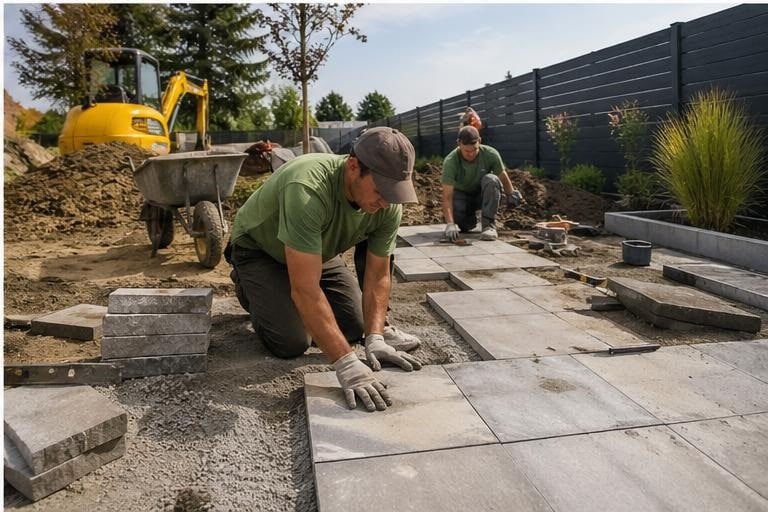 Paysagistes posant des dalles grises pour une terrasse de jardin moderne avec une mini-pelle en arrière-plan.