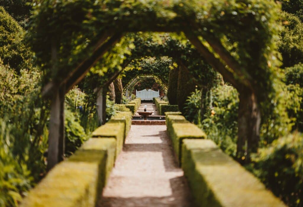 Longue allée de jardin formel. Une tonnelle couverte de verdure encadre des haies basses menant à une fontaine et un banc blanc rayé au fond.