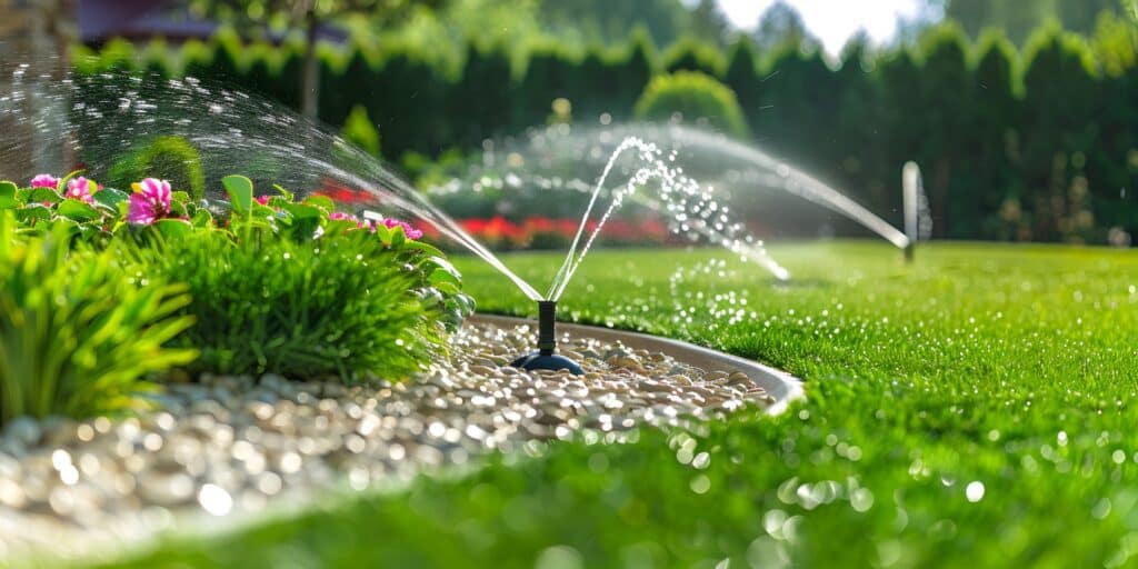 Arroseur automatique pulvérisant de l'eau sur une pelouse verte et des fleurs roses dans un jardin ensoleillé.