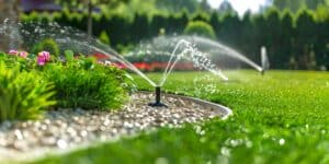 Arroseur automatique pulvérisant de l'eau sur une pelouse verte et des fleurs roses dans un jardin ensoleillé.